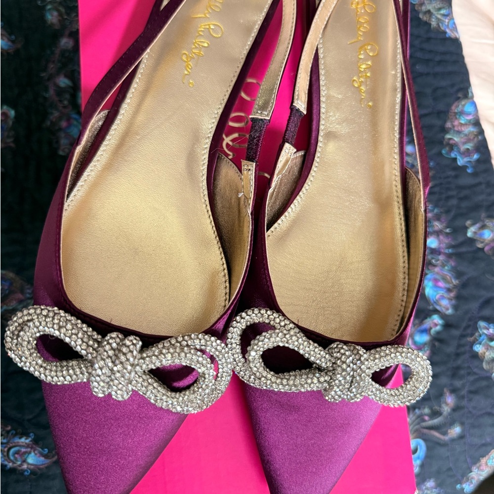 Lilly Pulitzer Fuchsia Satin Pointed Slingback Flats with Crystal Bow
